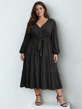 NEW Pari Passu Black Dotted Tiered Belted Dobi Midi Dress, Women's Size 16 $298